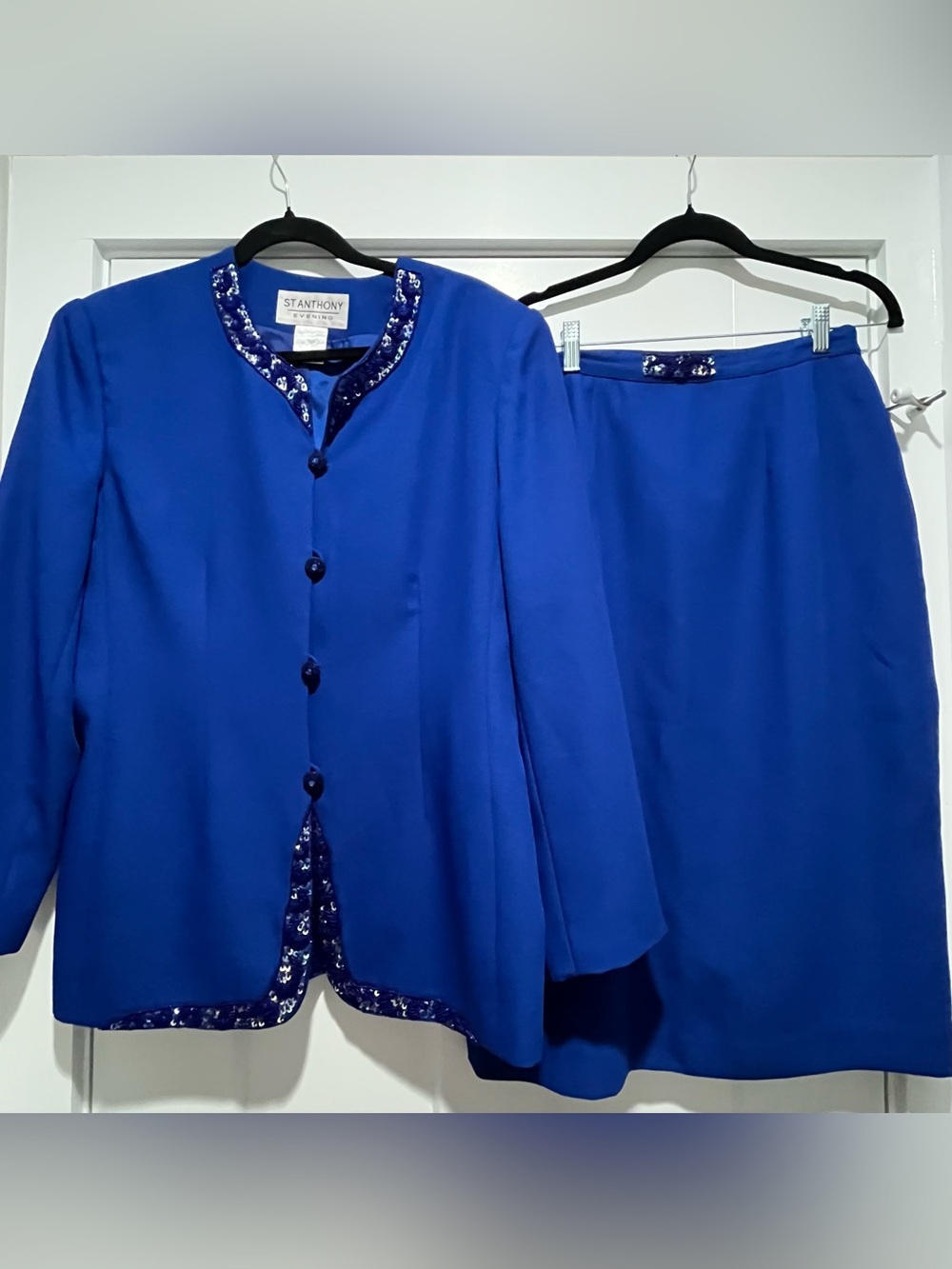 Vintage St. Anthony Evening Royal Blue Sequined/Beaded Trim Jacket Skirt Size 12